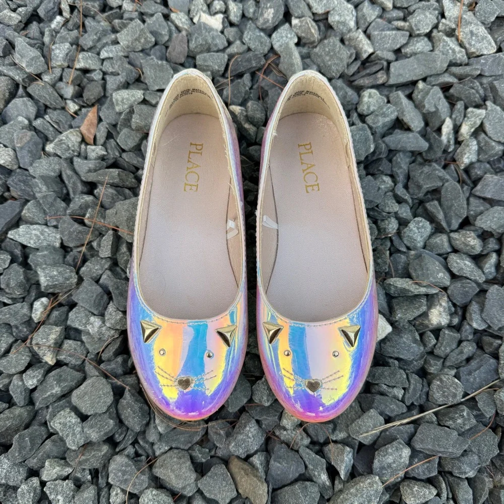 The Childrens Place Girls Iridescent Cat Ballet Flats Holographic Size 11